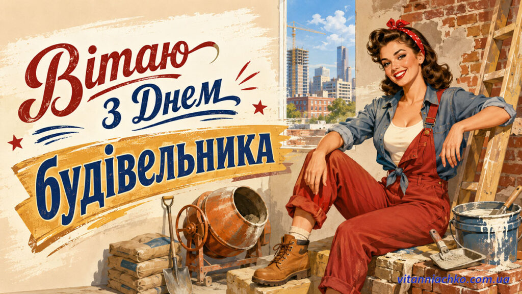 Картинка для поздоровлення з Днем будівельника в ретро стилі
